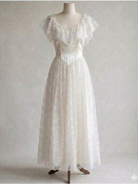 VTG 80s 90s Jessica McClintock White Lace Prairie Cottage Wedding Dress